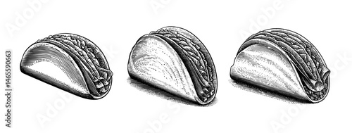 Vintage Woodblock Style Tacos  in Minimalist Line Drawing Technique