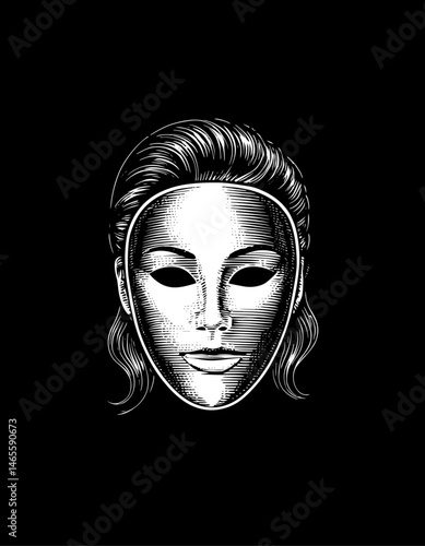 Stylized Woman Wearing a Mask, Mysterious and Smiling, Representing Enigma and Elegance Against a Black Background
