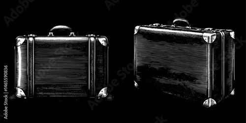 Vintage Suitcases in Woodblock Print Style in Black and White for Travel
