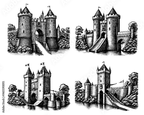 Medieval Castle Gatehouses Collection in Woodblock Style with Waterfront Fortifications