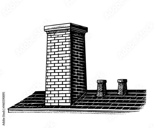Vintage Brick Chimney Illustration in Black and White Woodcut Style for Architectural Reference