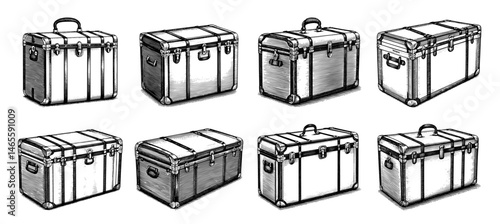 Antique Travel Trunks Ink Drawings Black and White Depicting Vintage Luggage and Historical Storage