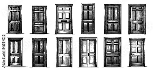 Wooden Door Designs Woodblock Style Black and White Illustrating Architectural Options and Entryways