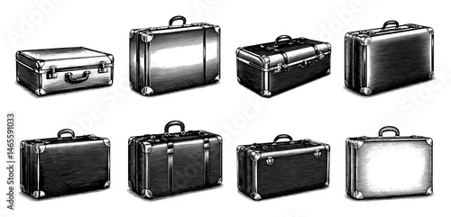 Vintage Suitcases and Trunks Collection Engraved Style Black and White Evoking Travel Adventure and History
