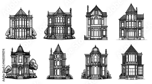 Victorian Houses in Monochrome Illustration Style, Black and White, Architectural Design and Historical Buildings