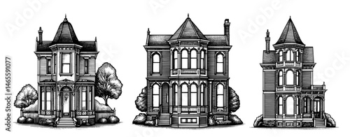 Victorian Houses in Engraved Illustration Style, Black and White, Nostalgic Architecture and Historical Homes