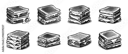 Grilled Cheese Sandwich Variations Vintage Etching Style Black and White Comfort Food Illustration
