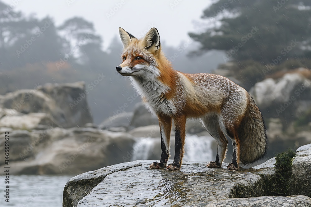 Obraz premium Red fox standing on rocks by a waterfall