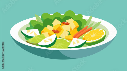 A light and refreshing salad of jicama mango and cucumber dressed with a tangy lime vinaigrette.. Vector illustration