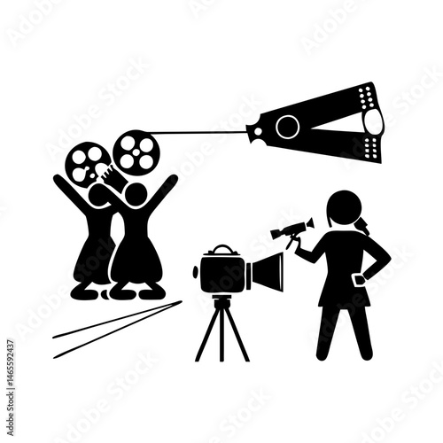 Black and white silhouette image of a movie crew filming a scene