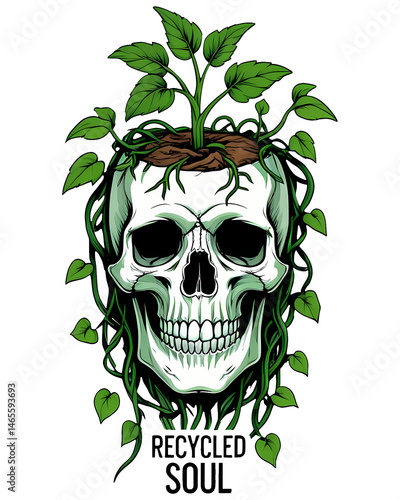 Skull with a plant growing from its head, vines wrapping around jaw, 'Recycled Soul' eco-punk sticker