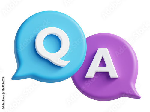QA 3d icon. Letters Q and A in chat bubbles. Question and answer concept. FAQ, frequently asked questions, dialog concept. 3d illustration isolated on transparent background