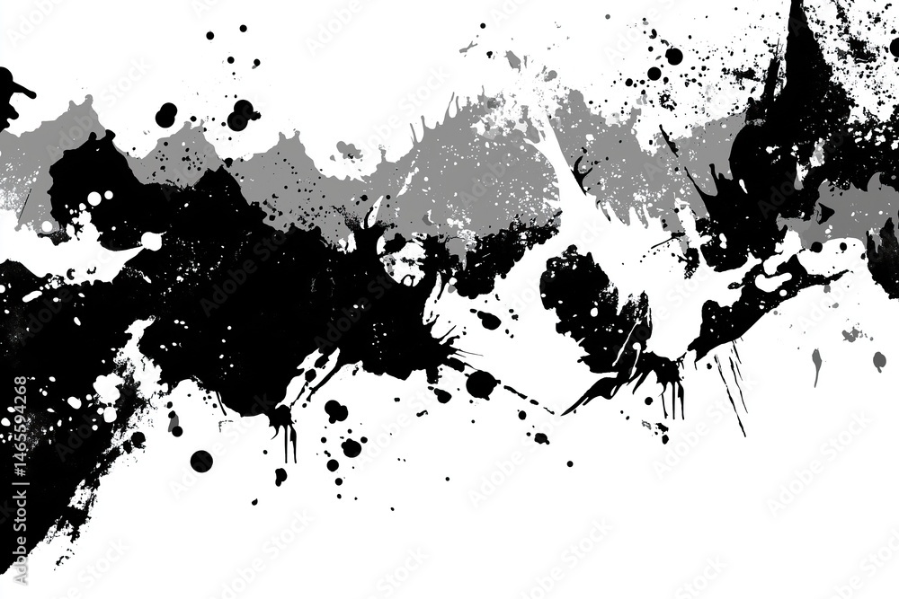 Fototapeta premium Abstract splash art featuring black and grey paint splatters and drips across white canvas background