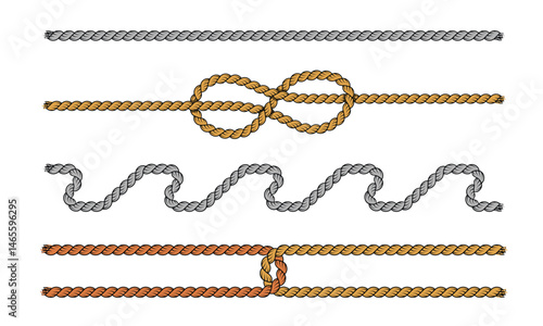 Set of twisted rope illustrations. various maritime configurations, including straight cords, figure-eight knots, wavy patterns, and secured bindings in gray and golden brown color