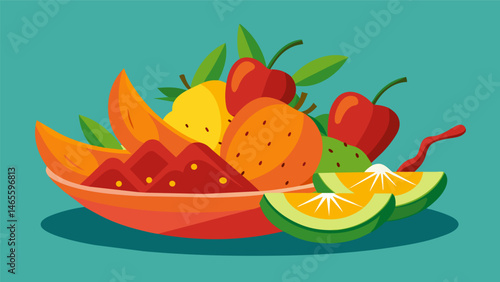 A generous serving of freshly fruit drizzled with tangy chili powder served up by the creative fruit vendor in Mexico.. Vector illustration