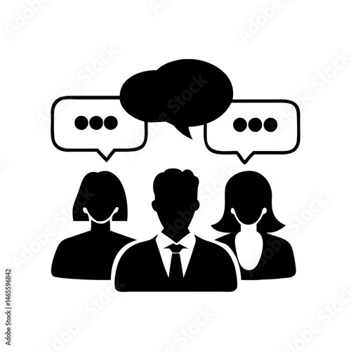 Three individuals engaged in a conversation symbolized by speech bubbles overhead
