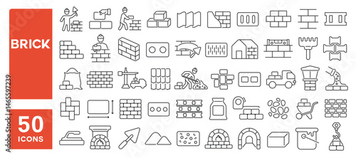 Set of 50 line icons related to brick, build, wall, construction, cement, builder, brickwork, Editable stroke. Vector illustration