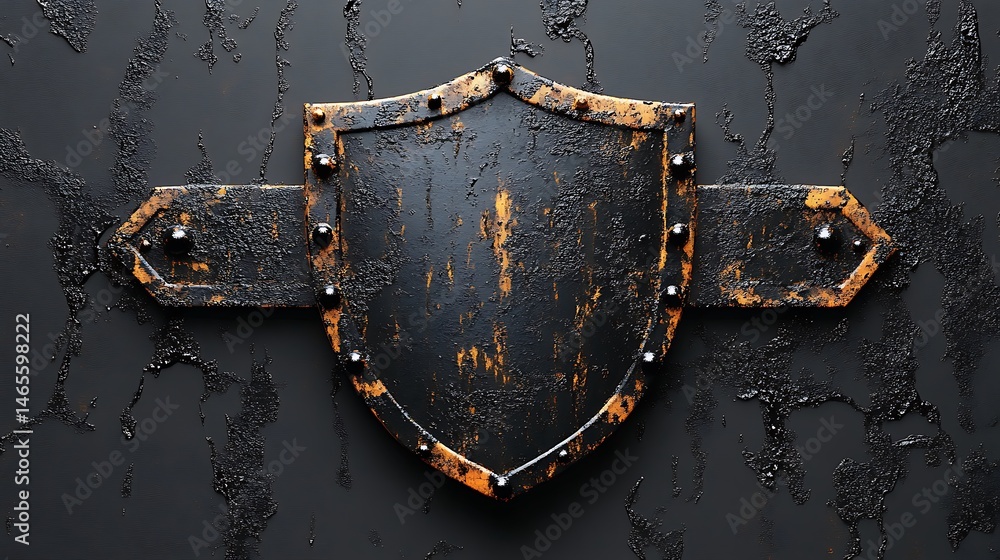 Fototapeta premium Heavily Textured And Aged Metal Shield Photo On Dark Background With Mounts