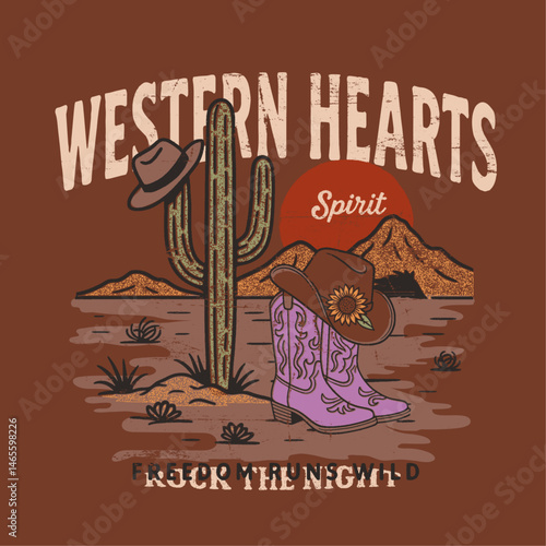 desert t-shirt design. girls  boys men's women's graphic design. western hearts, ride the horizon slogan text prints. desert cowgirl and cowboy cap head. desert cactus mountain graphics