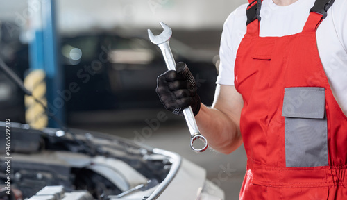 Male mechanic in red overalls holding wrench in auto repair shop banner