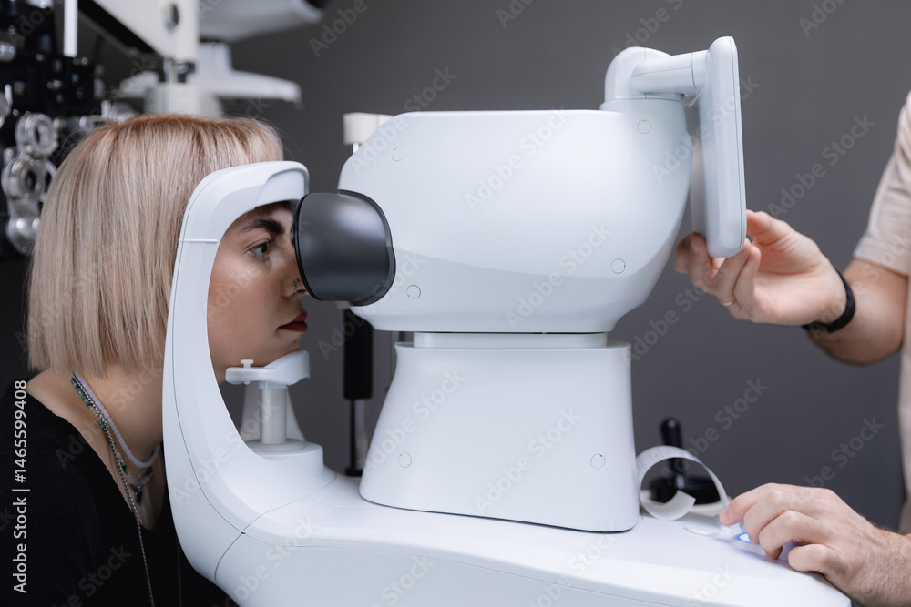 Caucasian young female undergoing eye examination with modern equipment