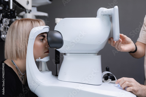 Obraz na płótnie Caucasian young female undergoing eye examination with modern equipment w salonie