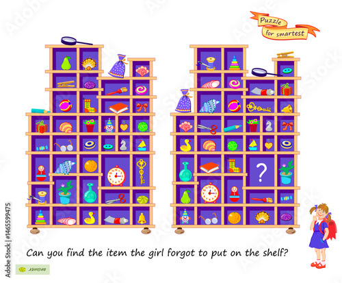 Can you find the item the girl forgot to put on the shelf? Logic puzzle for smartest. Educational game for children. Page for kids brain teaser book. Task for attentiveness. Play online. Flat vector