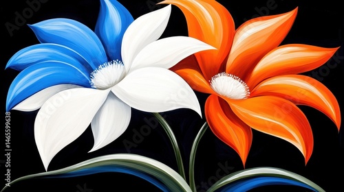 Close up view of two stylized flowers, one blue and white, the other orange, painted against a black background. Bright colors and bold brushstrokes are used.