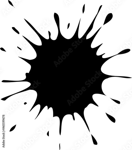 Dark ink stain with broken outer edges and textured splatter details.