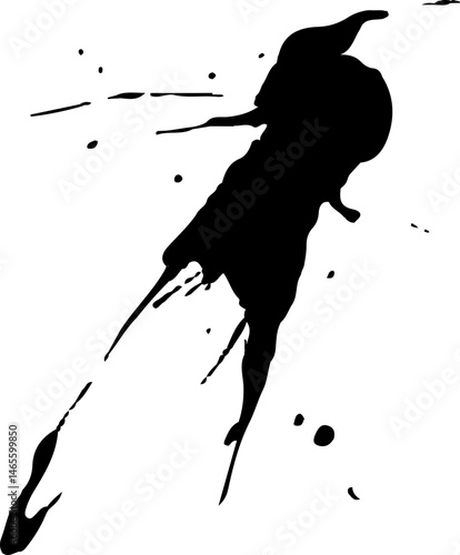 Ink jet spatter with an irregular and dynamic arrangement of fine droplets extending outward in a dispersed pattern.