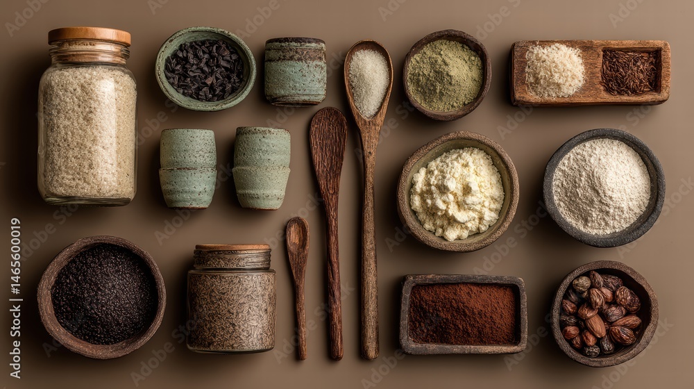 Keto meal prep natural food concept. Collection of various spices, grains, and utensils arranged aesthetically on a neutral background. Keto meal prep natural food concept. Collection of various spices, grains, and utensils arranged aesthetically on a neutral background.