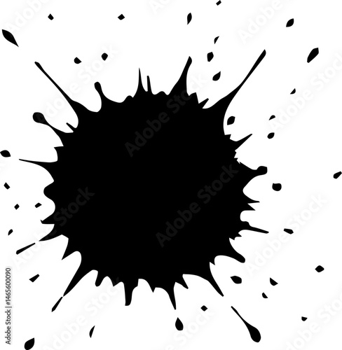 Radial burst of ink splatter with sharp, high contrast lines radiating outward from the center.