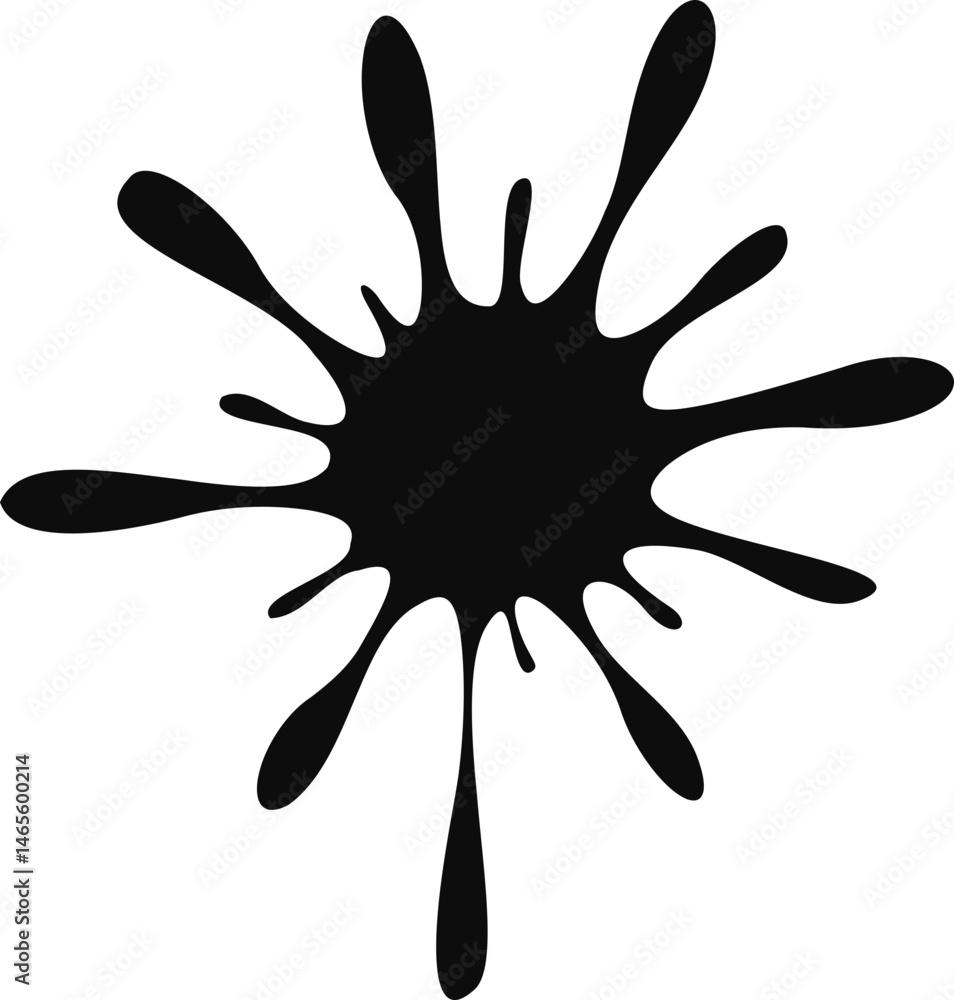 Ink splatter creating radiating lines extending outward with high contrast edges. Ink splatter creating radiating lines extending outward with high contrast edges.