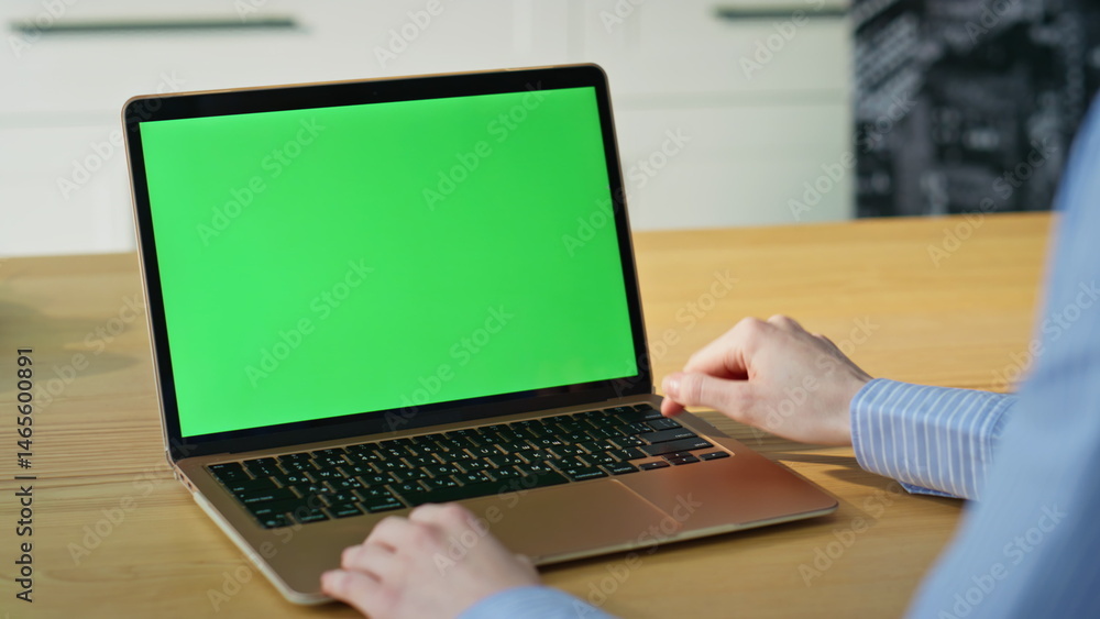 Businesswoman browsing chromakey laptop turning on webinar at office closeup.