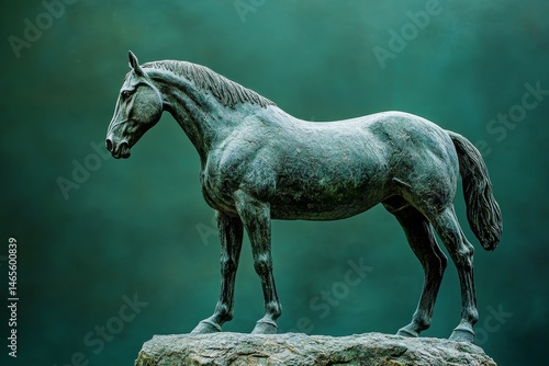 A contemplative equestrian sculpture in a verdant backdrop. photo
