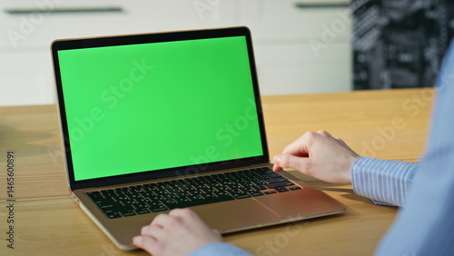 Businesswoman browsing chromakey laptop turning on webinar at office closeup.