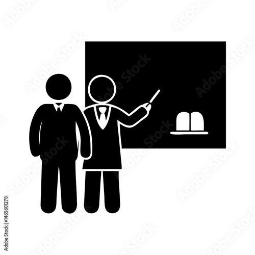 Business professional gives presentation to colleague using blackboard as visual aid