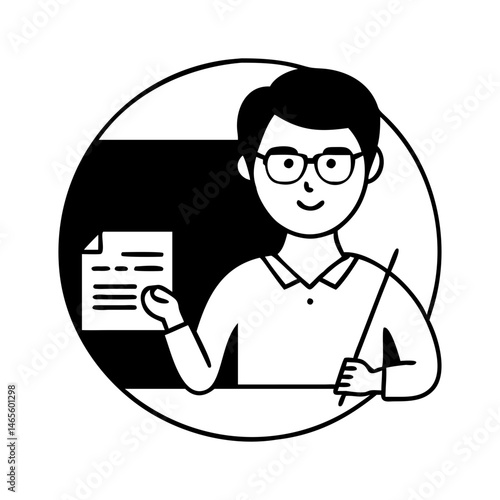 Icon illustration of a teacher with glasses presenting material at the chalkboard