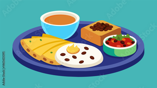 A breakfast platter inspired by Nicaraguan cuisine featuring gallo pinto warm tortillas and a side of creamy queso fresco.. Vector illustration
