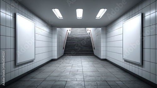 Fototapeta Naklejka Na Ścianę i Meble -  Two empty billboards and stairs in the interior of a metro station. Empty advertising space on an underground wall. Underground public transport concept for marketing.
