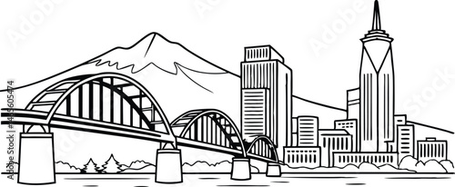 The Portland skyline captures Mount Hood in the background and iconic bridges in a sleek, continuous-line style.