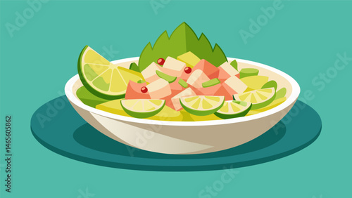 A feast for the senses with a ceviche made of diced sea bass marinated in a tangy blend of lemon and lime juice and mixed with diced pineapple and cilantro.. Vector illustration
