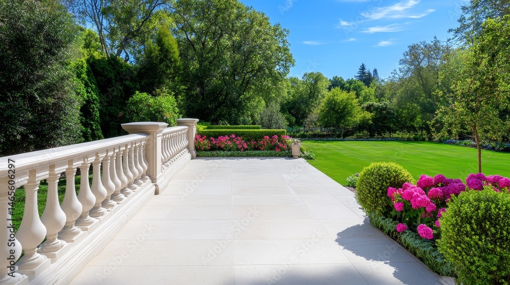 Obraz premium Serene Garden Patio - Tranquil patio scene with stone balustrade, lush greenery, vibrant flowers, and a manicured lawn. Perfect for relaxation and outdoor living