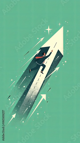 Business figure striving towards success on a graphical upward arrow illustration