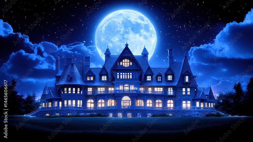 Fototapeta premium Majestic Mansion at Night Under a Giant Moon with Starry Sky