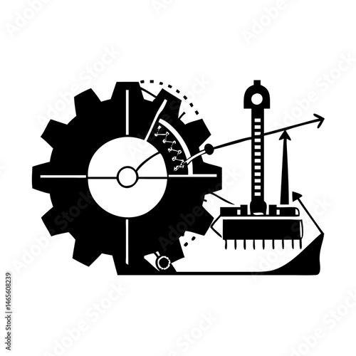 Abstract monochrome mechanical mechanism art with cogwheel, gears, levers and arrows