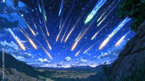 Night sky ablaze with shooting stars over a serene landscape