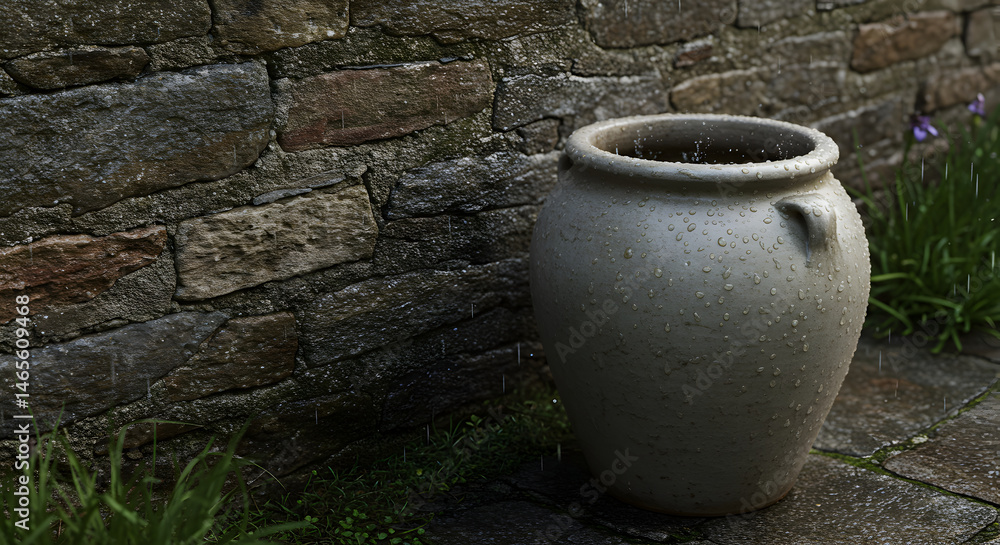 Serene Scene A Pot After the Rain In an Outdoor Setting Serene Scene A Pot After the Rain In an Outdoor Setting