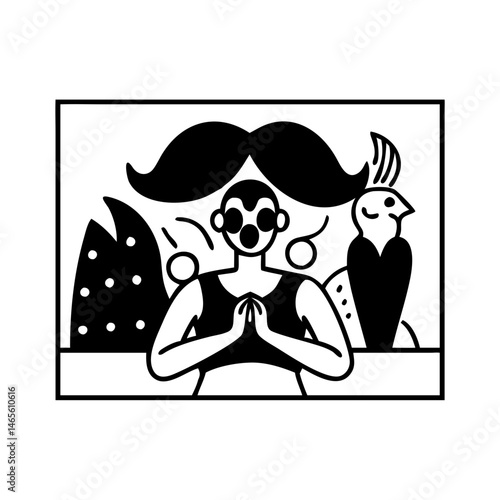 Abstract comical composition featuring a person in a meditative pose with surreal elements