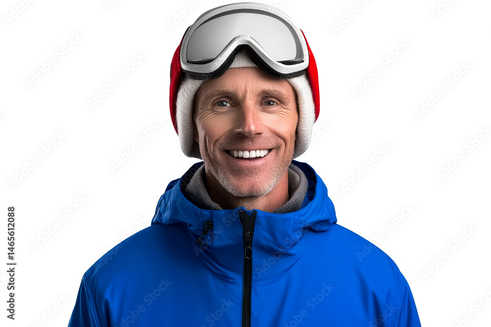 Fototapeta premium Smiling man in ski jacket and goggles, ready for slope, cut out transparent